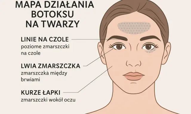 Mapa działania botoksu na twarzy: miejsca wstrzyknięć na czole, między brwiami i wokół oczu.
