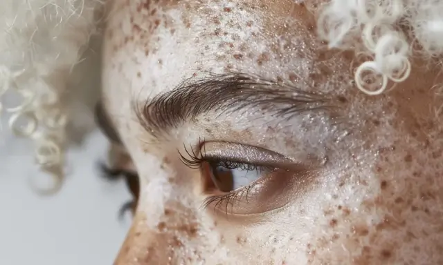 Zbliżenie na twarz z widocznym **vitiligo**, gdzie plamy depigmentacji przeplatają się z piegami. Jasne, kręcone włosy otaczają twarz.