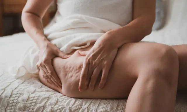 Kobieta dotyka dłońmi uda z widocznym cellulitem.