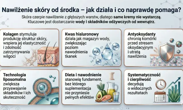 Skóra potrzebuje humektantów. Grafika pokazuje kolagen, kwas hialuronowy, antyoksydanty, technologię liposomalną, dietę i nawodnienie dla nawilżenia od środka.