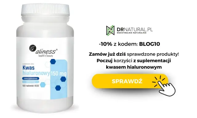 Biała butelka suplementu diety Kwas hialuronowy 150 mg Aliness na białym tle.