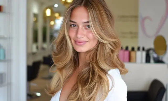 Uśmiechnięta blondynka z fryzurą butterfly cut, z falowanymi włosami i refleksami.