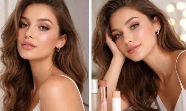 Kobieta z falowanymi włosami i makijażem w stylu glam. Delikatne cienie na powiekach i błyszczące usta podkreślają jej urodę.