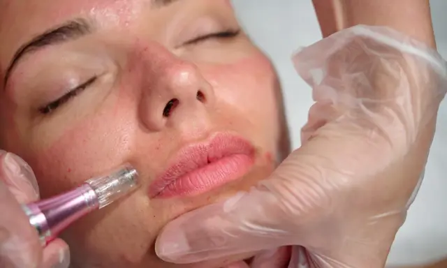 Zabieg dermapenem na twarz, widoczne zaczerwienienie i mikronakłucia. Oczekiwane dermapen efekty to odmłodzona i wygładzona skóra.
