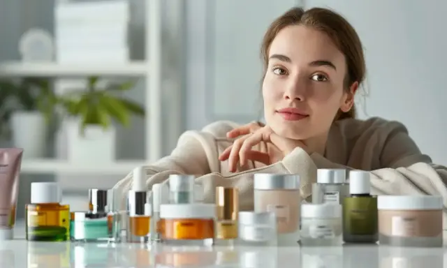 Kobieta z kosmetykami, wśród których znajdziemy produkty z ceramidami. Dowiadujemy się, ceramidy co to i jak działają na skórę.