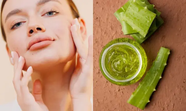Kobieta delikatnie dotyka swojej twarzy, a obok widać słoiczek z żelem aloesowym i świeże liście aloesu. Aloes na twarz to sekret promiennej cery.