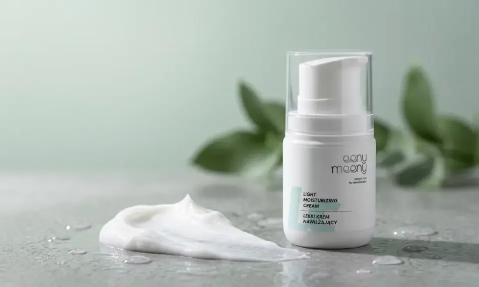 Lekki krem nawilżający eeny meeny w białej butelce z pompką, obok rozmazanej porcji kremu. Produkt jest niekomedogenny.