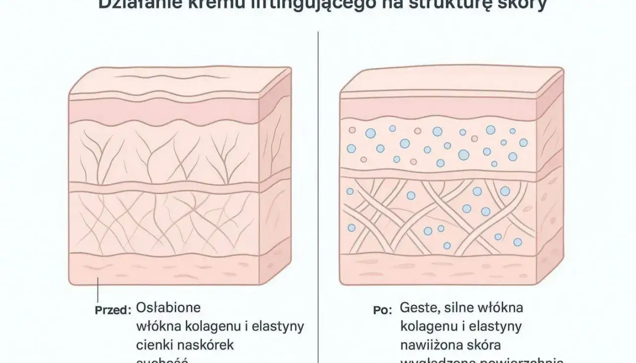 Przed i po zastosowaniu kremu: po lewej osłabione włókna kolagenu i elastyny w skórze właściwej, po prawej gęste, silne włókna i nawilżona skóra.