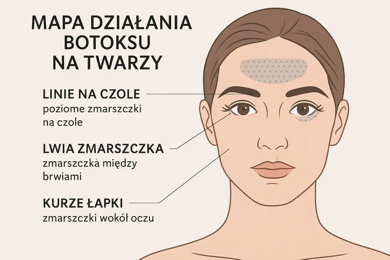 Mapa działania botoksu na twarzy: botoks miejsca wstrzyknięć na czole, między brwiami i wokół oczu.