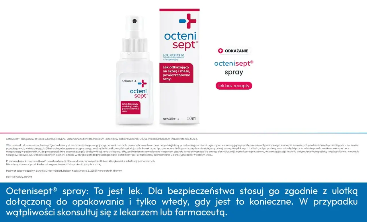Spray Octenisept do odkażania skóry i ran. Pomocny przy problemach takich jak twarde krosty w okolicach intymnych.