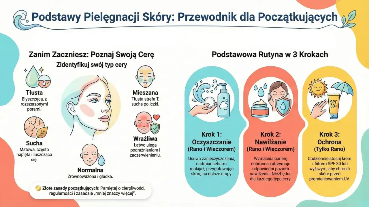 Ilustracja przedstawia typy cery: tłustą, suchą, mieszaną, wrażliwą i normalną, oraz podstawową rutynę pielęgnacji w 3 krokach: oczyszczanie, nawilżanie i ochrona.