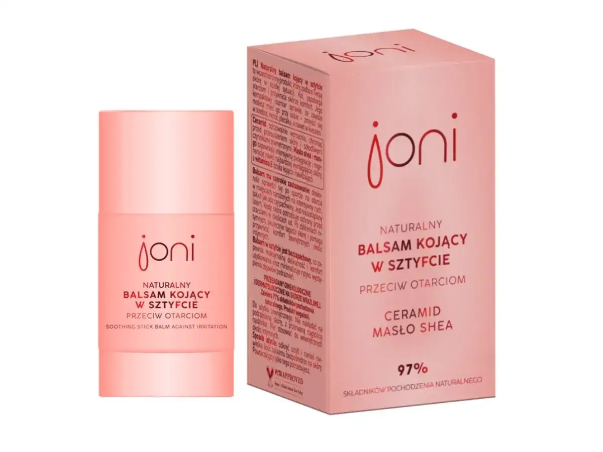 Balsam kojący w sztyfcie JONI, idealny na otarcia na udach. Z ceramidem i masłem shea, 97% składników naturalnych.