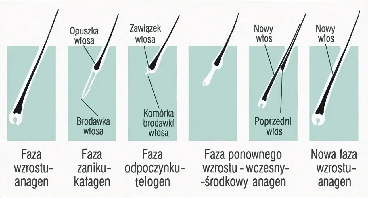 Cykl życia włosa: faza wzrostu (anagen), zaniku (katagen), odpoczynku (telogen), a następnie nowy włos wyrasta, zastępując stary. Baicapil wspiera ten proces.