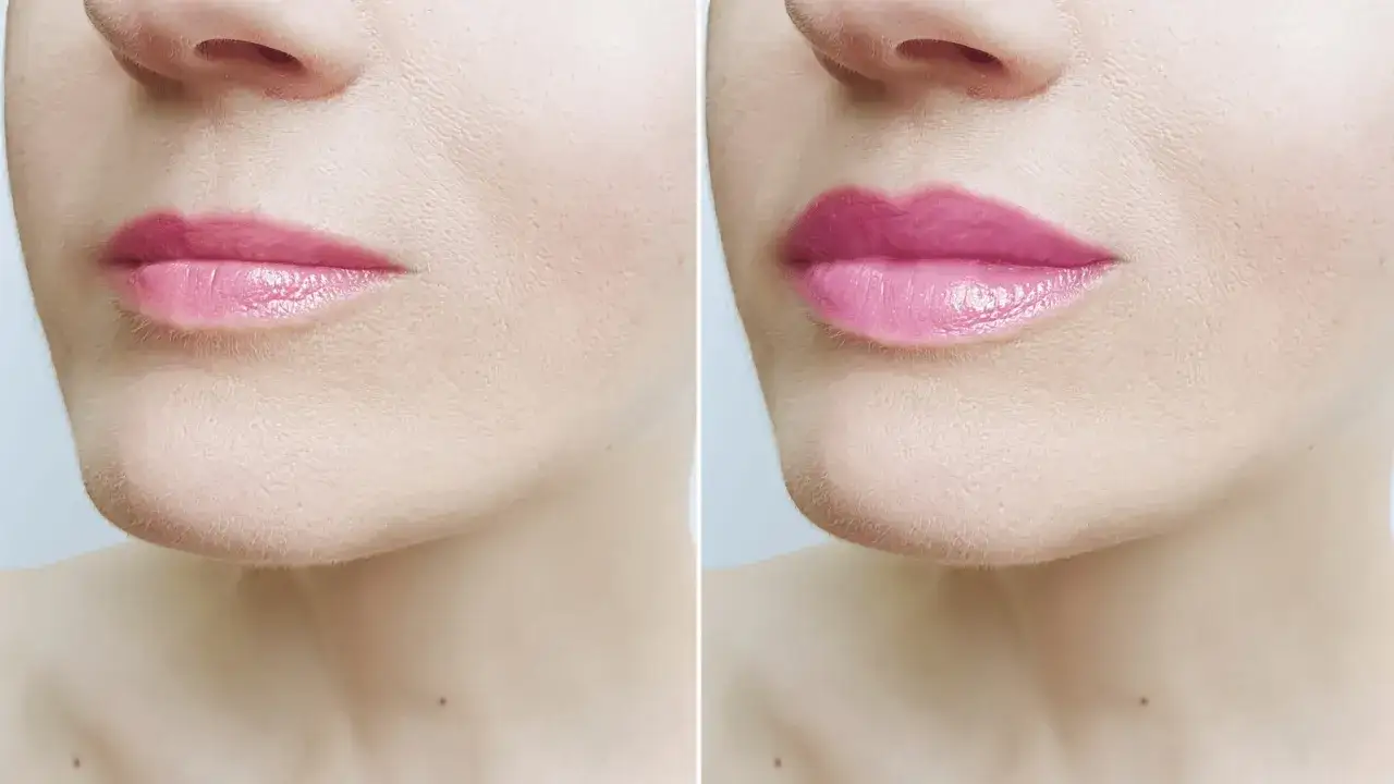 Przed i po zabiegu botox lip flip. Usta po zabiegu są pełniejsze i bardziej wyraziste, z pięknym, różowym błyszczykiem.