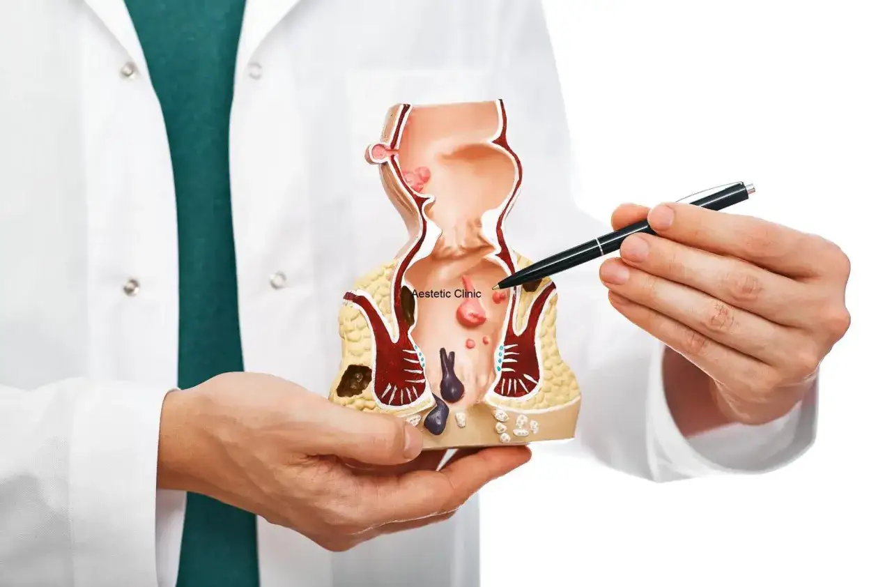 Model anatomiczny odbytu, na którym widoczne są wyrośla skórne odbytu. Lekarz wskazuje piórem na zmiany.