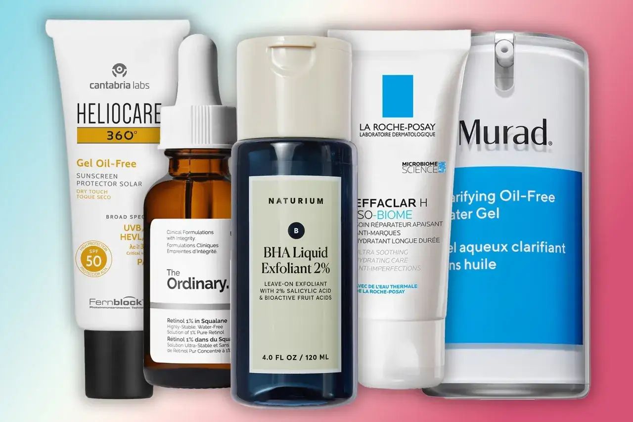 Produkty do pielęgnacji skóry, w tym krem z filtrem, serum z retinolem i płyn złuszczający BHA, które pomogą Ci pozbyć się wągrów.